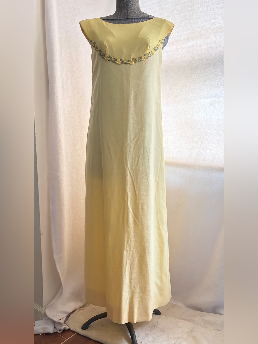 1960s Lorrie Deb San Francisco yellow maxi with chiffon and embroidery